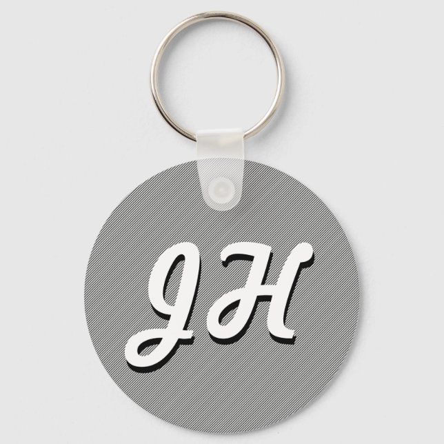 Thin Black & White Stripes | Retro-Styled Initials Keychain (Front)