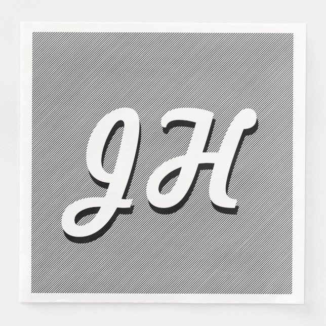 Thin Black & White Stripes | Retro-Styled Initials Napkin (Front)