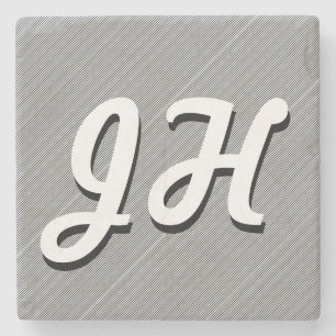 Thin Black & White Stripes Retro-Styled Initials Stone Coaster