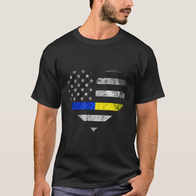 Thin Blue Gold Line Heart Police Dispatch T-Shirt (Front)