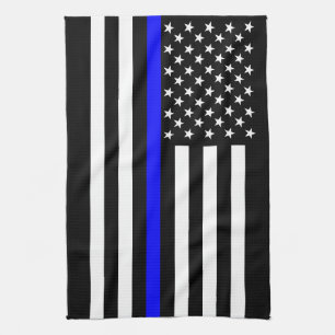 Thin Blue Line American Flag Black and White Kitchen Towel