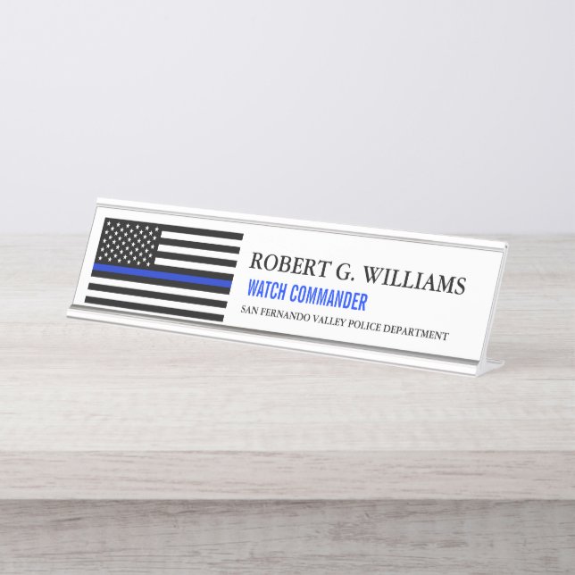 Thin Blue Line American Flag Customized White Desk Name Plate (Front)