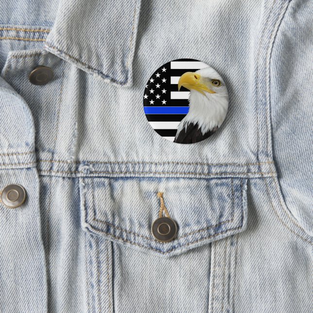 Thin Blue Line American Flag Eagle Pin/ 2 Inch Round Button (In Situ)