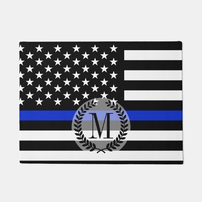 Thin Blue Line American Flag Monogram Doormat (Front)
