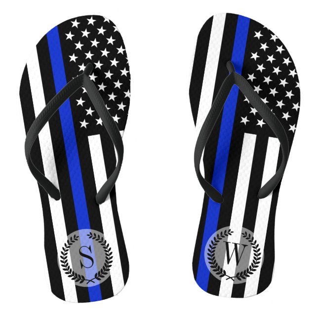 Thin Blue Line American Flag Monogram Flip Flops (Footbed)