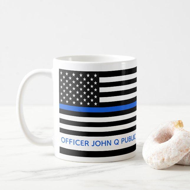 Thin Blue Line American Flag Name Template Coffee Mug (With Donut)