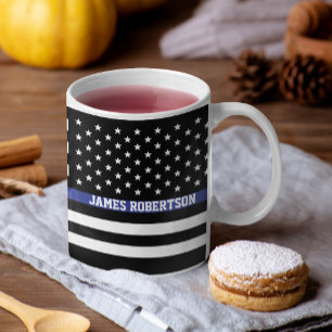 Thin Blue Line - American Flag Personalized Custom Large Coffee Mug
