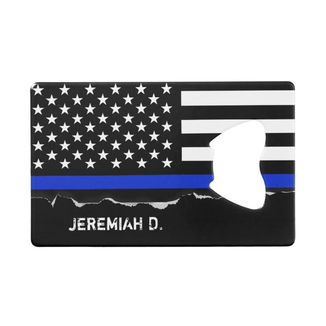 Thin Blue Line American Flag Personalized Wallet Bottle Opener (Front (Horizontal))