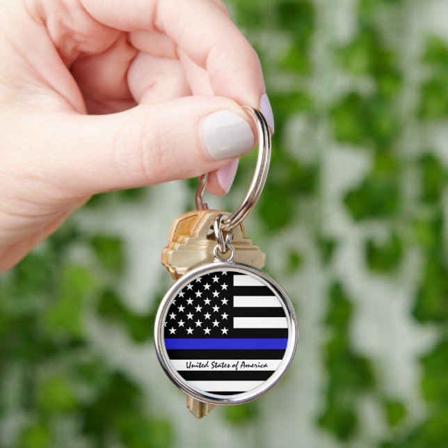 Thin Blue Line & American Flag police / USA office Keychain (Hand)