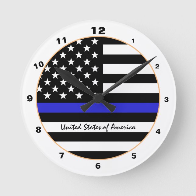 Thin Blue Line & American Flag police / USA office Round Clock (Front)