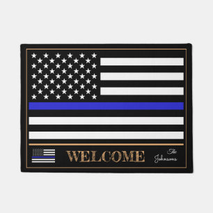 Thin Blue Line & American Flag police Welcome /USA Doormat