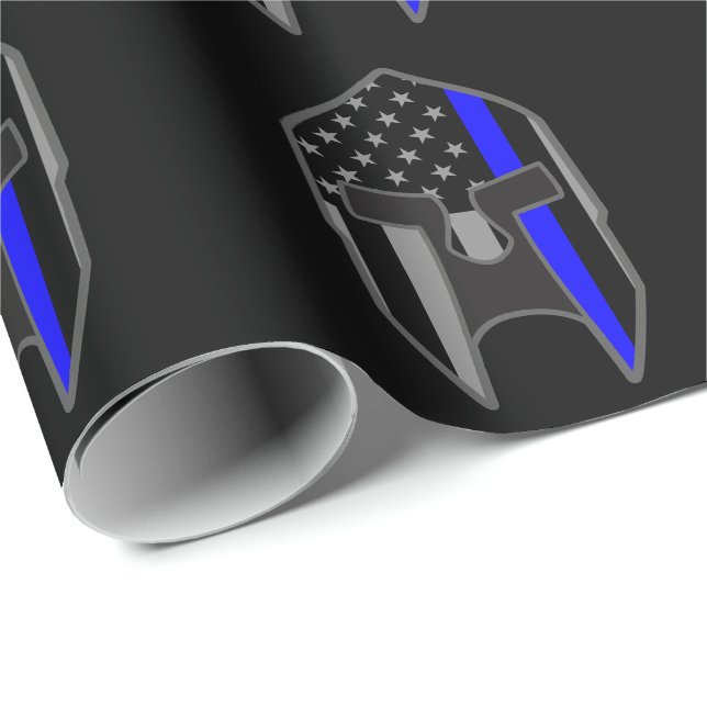 THIN BLUE LINE American Flag Spartan Helmet Wrap Wrapping Paper (Roll Corner)