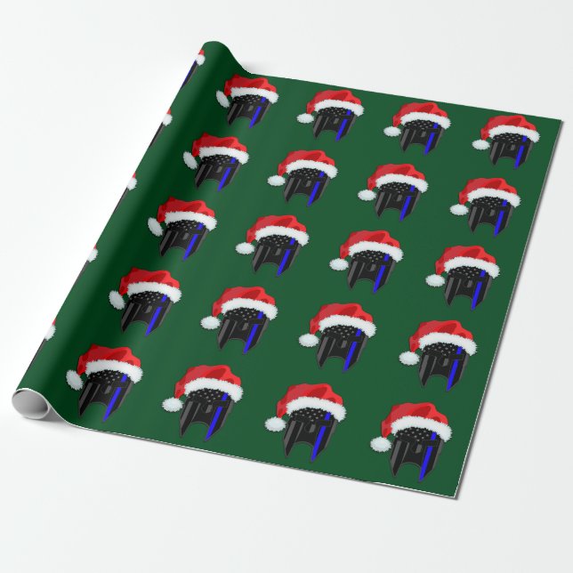 THIN BLUE LINE American Flag Spartan Santa Wrap Wrapping Paper (Unrolled)