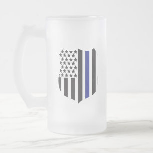 Thin Blue Line Badge, Support Police Frosted Glass Beer Mug