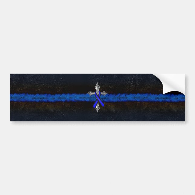 Thin Blue Line Cross and Ribbon Bumper Sticker (Front)