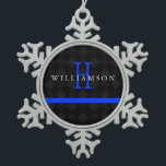 Thin Blue Line Custom Monogram Snowflake Pewter Christmas Ornament<br><div class="desc">A thin blue line custom monogram ornament featuring a black squared pattern in the background.</div>