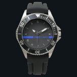 Thin Blue Line Custom Name Stripe Watch<br><div class="desc">You are part of the brotherhood and sisterhood to serve and protect. Celebrate this honour with this customizable watch that puts your name in blue along the continuous thin blue line running the centre of the watch. Note: You can hit the customize button and move the blue lines around to...</div>