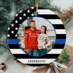 Thin Blue Line Custom Photo Police Christmas Ceramic Ornament<br><div class="desc">Thin Blue Line Christmas Ornament. This police christmas ornament will be a treasured keepsake. Ornament is double sided, you can do 2 favourite photos, one on each side. Perfect for police officers, police family and law enforcement. Personalize name on the front, and date on the back. COPYRIGHT © 2020 Judy...</div>