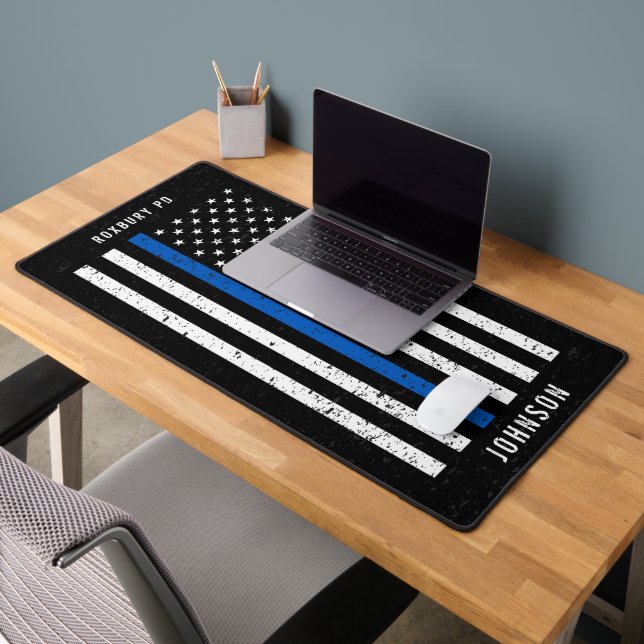 Thin Blue Line Distressed American Flag Police Desk Mat (Office 2)