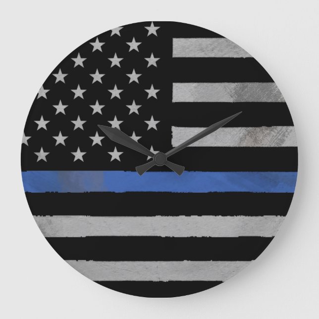 Thin Blue Line - Distressed Tattered Flag Large Clock (Front)