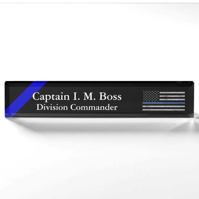Thin Blue Line - Distressed Tattered Flag Nameplate (Front)