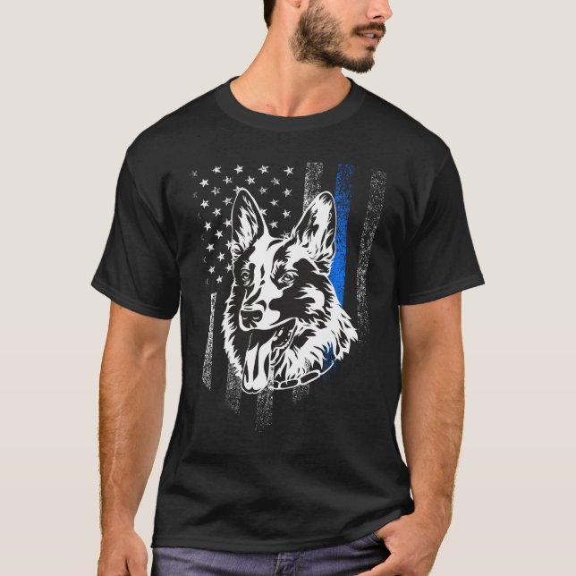 Thin Blue Line Flag K-9 German Shepherd Police Dog T-Shirt (Front)