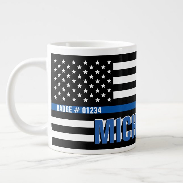 Thin Blue Line Flag Monogram Badge Name Large Coffee Mug (Left)
