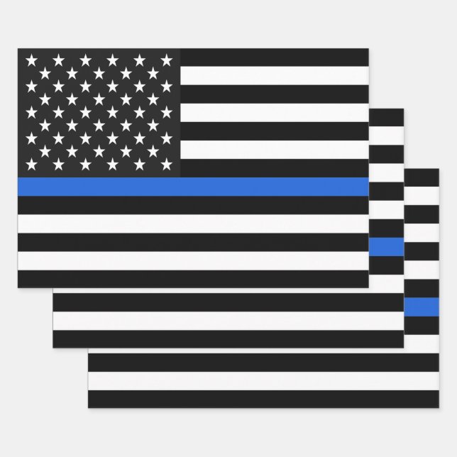 Thin Blue Line Flag of the USA Wrapping Paper Sheet (Set)