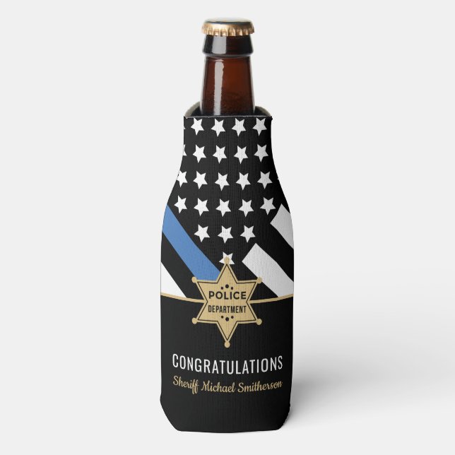 Thin Blue Line Flag Police Sheriff Retirement Bottle Cooler (Bottle Front)
