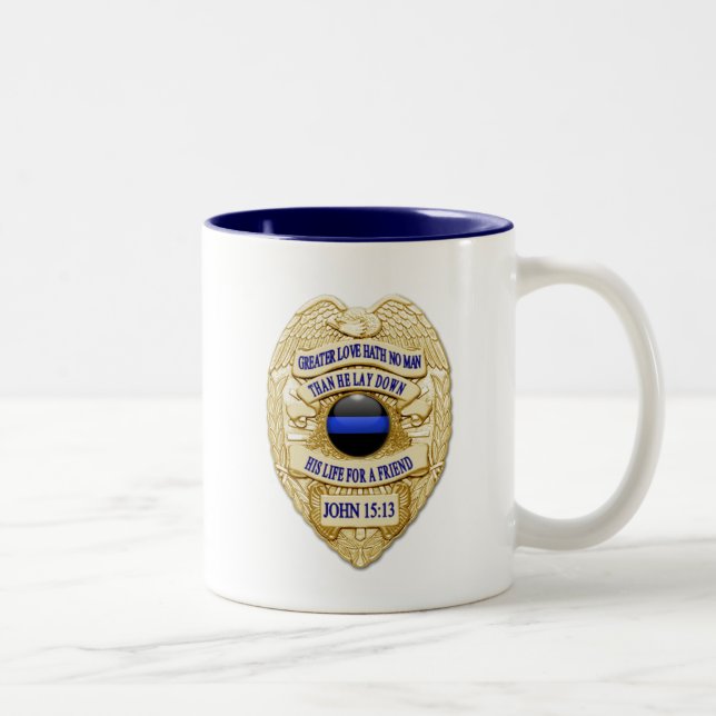 Thin Blue Line Glowing Button & Gold Badge Two-Tone Coffee Mug (Right)