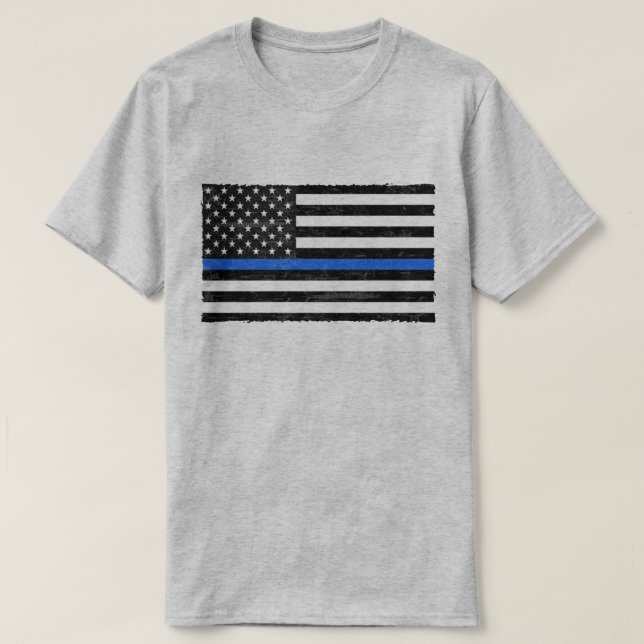Thin Blue Line Grungy American Flag T-Shirt (Design Front)