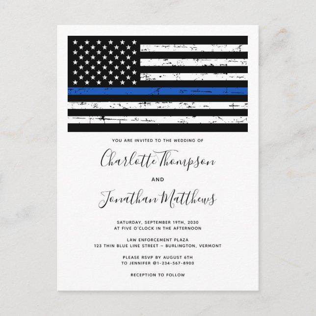 Thin Blue Line Law Enforcement Police Wedding  Invitation Postcard (Front)