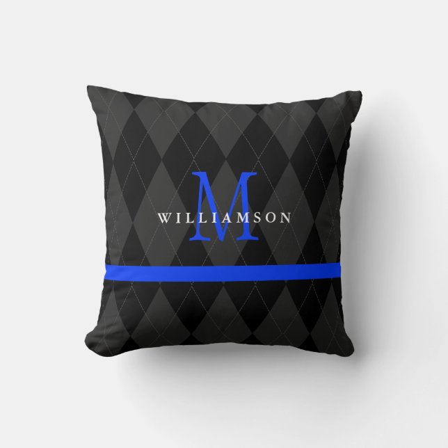 Thin Blue Line Monogram Black Argyle Pattern Throw Pillow (Front)