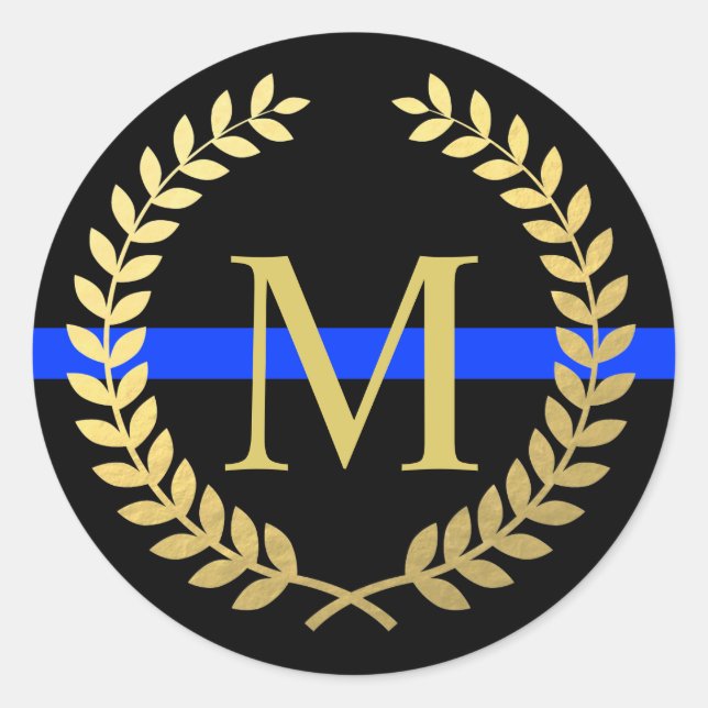 Thin Blue Line Monogram Faux Gold Wreath Police Classic Round Sticker (Front)