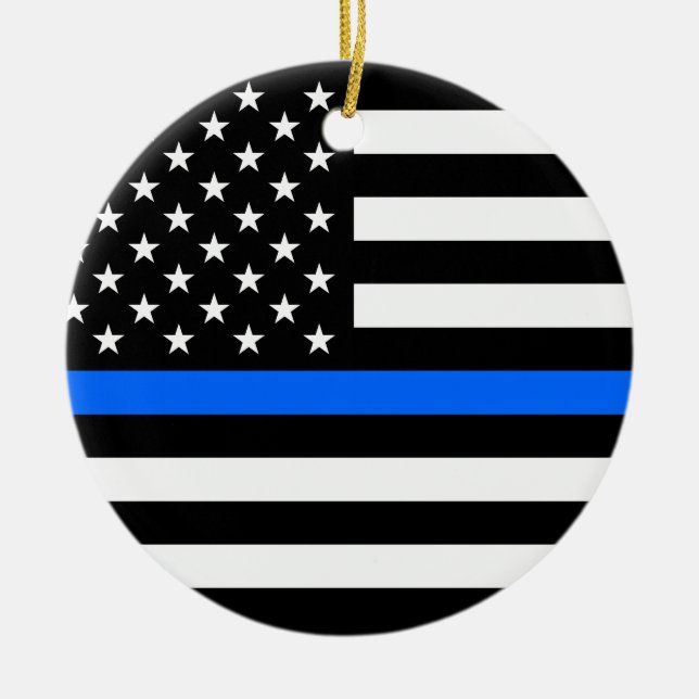 "THIN BLUE LINE ON AMERICAN FLAG" CERAMIC ORNAMENT (Front)