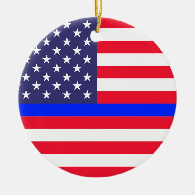 "THIN BLUE LINE ON AMERICAN FLAG" CERAMIC ORNAMENT (Front)