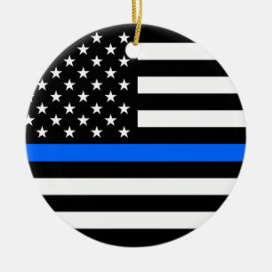 "THIN BLUE LINE ON AMERICAN FLAG" single-sided Ceramic Ornament