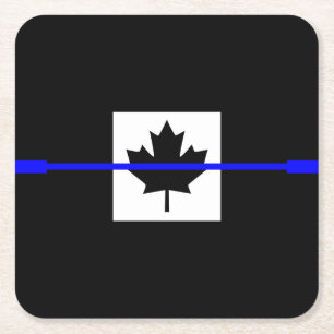 Thin Blue Line on Canadian Flag Decor Square Paper Coaster