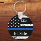 Thin Blue Line Personalized Badge Number Police Ke Keychain (Front)