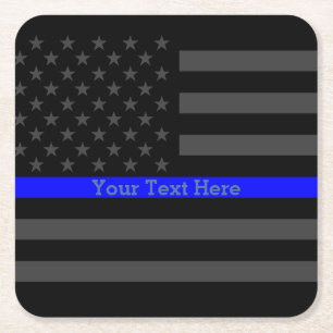 Thin Blue Line Personalized Black US Flag Square Paper Coaster
