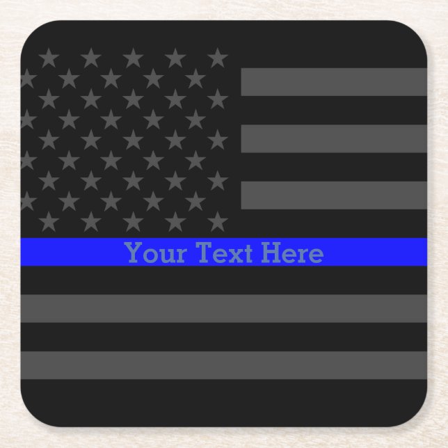 Thin Blue Line Personalized Black US Flag Square Paper Coaster (Front)