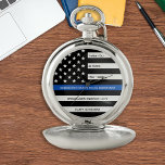 Thin Blue Line Personalized Police Retirement Pocket Watch<br><div class="desc">Celebrate and show your appreciation to an outstanding Police Officer with this Thin Blue Line Retirement or Anniversary Police Pocket Watch - American flag design in Police Flag colours in a modern black an blue design . Perfect for service awards and Police Retirement gifts . Personalize this police retirement watch...</div>