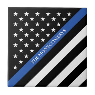 Thin Blue Line Police American Flag Monogram Tile