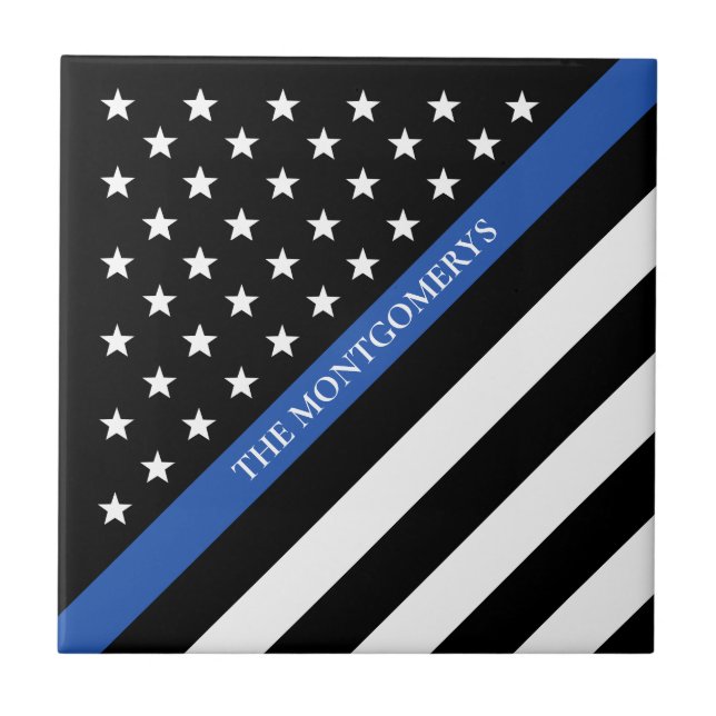 Thin Blue Line Police American Flag Monogram Tile (Front)