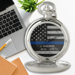 Thin Blue Line Police Badge Number  Pocket Watch<br><div class="desc">Celebrate and show your appreciation to an outstanding Police Officer with this Thin Blue Line Police Pocket Watch - American flag design in Police Flag colours, distressed design . Perfect for service awards and Police graduation gifts . Personalize with police officers badge number. COPYRIGHT © 2020 Judy Burrows, Black Dog...</div>