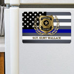 Thin Blue Line Police Badge Personalized  Magnet<br><div class="desc">Fun police officer's personalized fridge magnet. Gold police badge with your city name department,  your rank and name over the classic thin blue line police flag.</div>
