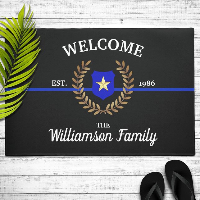 Thin Blue Line Police Badge Welcome Doormat (Creator Uploaded)