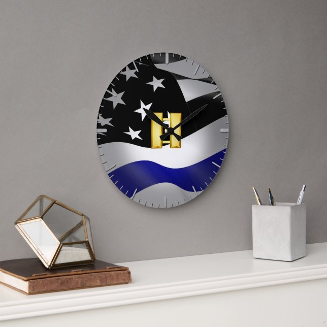 Thin Blue Line Police Captain Large Clock (Office)