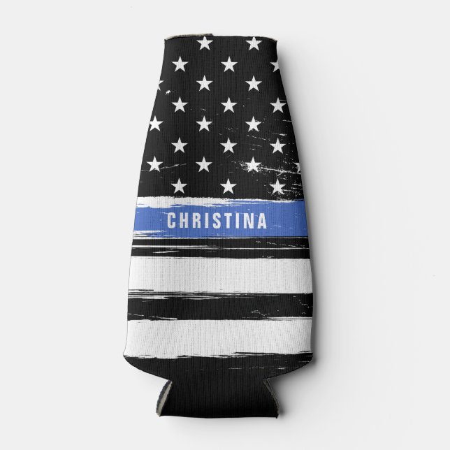Thin Blue Line Police Flag Grunge Personalized Bottle Cooler (Front)