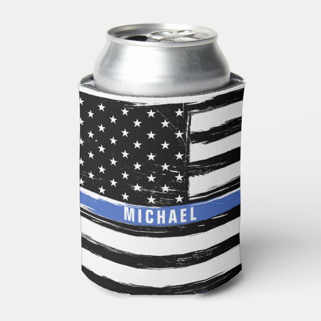 Thin Blue Line Police Flag Grunge Personalized Can Cooler (Can Front)